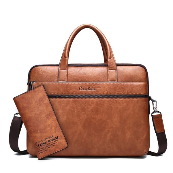 Celinv Koilm Men's Briefcase Bags For 14" Laptop Business Bag 2Pcs Set Handbags High Quality Leather Office Shoulder Bags Tote