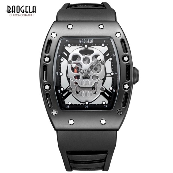 BAOGELA Men's Fashion Premium Quartz Watches Skeleton Skull Analogue Sports Wristwatch for Man Silicone Strap 1612-Black-rose