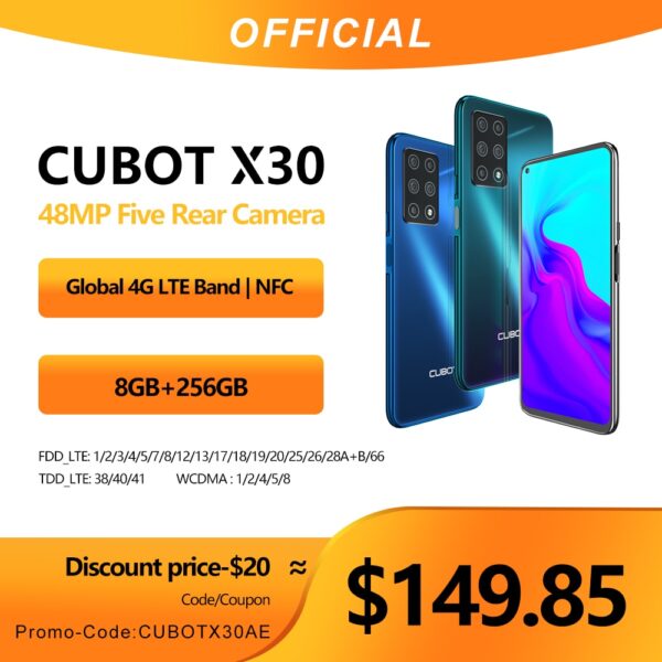 Cubot X30 Smartphone 48MP Five Camera 32MP Selfie 8GB+256GB NFC 6.4" FHD+ Fullview Display Android 10 Global Version Helio P60