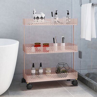 Nordic Metal Storage Rack with Wheels Movable 3 Layers Gold Shelf Basket Home Organization and Storage Bathroom Kitchen Rack