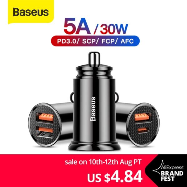 Baseus 30W Quick Charge 4.0 3.0 USB Car Charger For Xiao Mi9 Huawei Supercharge SCP QC4.0 QC3.0 Fast PD USB C Car Phone Charger